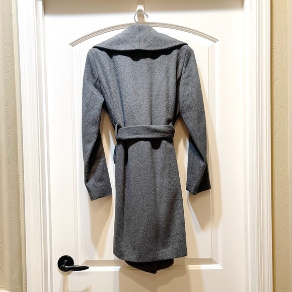 Ann Taylor Coat Factory Petite Small PS Gray Wool Blend Shawl Wrap Belted Coat - Picture 2 of 5